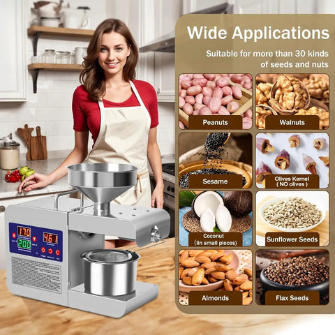Rkazes 820W Automatic Oil Press Machine Hot And Cold Seed Extractor For Home Use on kitchen counter with seeds and nuts.