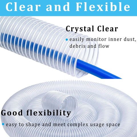Heavy Duty Dust Collection Hose One And A Half Inch By Five Foot PVC Collector Hose With Clamps showing clear flexible PVC