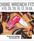 FINI Shotgun Tool Choke Wrench With Scope Turret Adjuster And Keychain, red tool on wooden background with fitting sizes