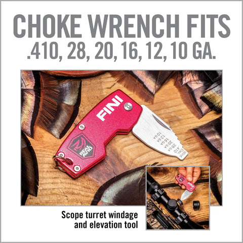 FINI Shotgun Tool Choke Wrench With Scope Turret Adjuster And Keychain, red tool on wooden background with fitting sizes