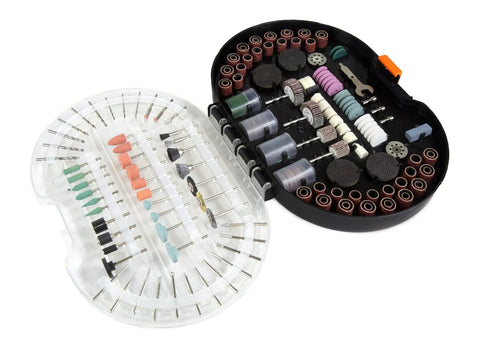 All In One 327 Piece Rotary Tool Accessory Kit With Carrying Case For Sanding Carving Cutting Grinding Polishing Engraving And More, open case displaying various tools and bits.
