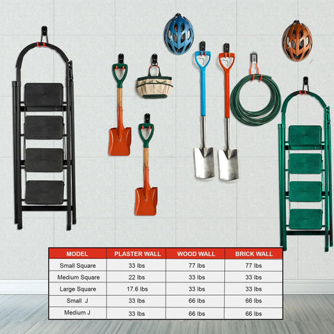 12 Pack Adjustable Heavy Duty Wall Mount Garage Hooks Organizer Kit For Steel Shelving And Garden Tool Storage shown with tools and ladders