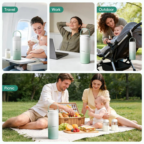 Double Wall Vacuum Insulated Breast Milk Cooler Keeps Your Baby Stash Frosty For Over 24 Hours With Premium Steel Core And Leakproof Lid, shown in travel, work, outdoor, and picnic settings.