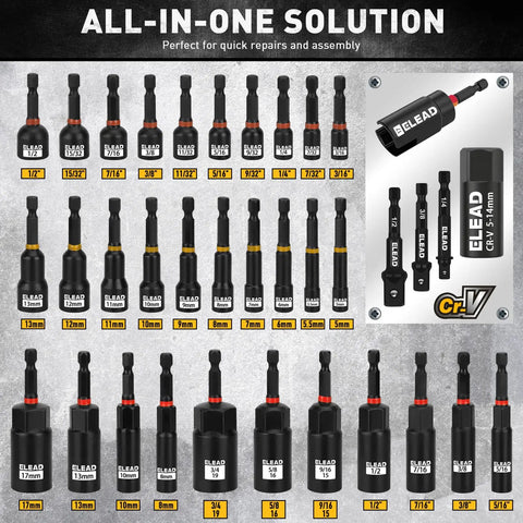 Heavy Duty 58 Piece Magnetic Impact Nut Driver Set With Metric And SAE Mini Wrench Set, Impact Socket Adapter, 3 Pound Magnetic Pickup Tool, Wing Nut Driver, Universal Socket, And One Quarter Inch Quick Change Bit Extension