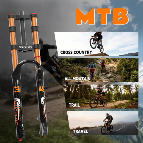 Trail-Ready 26 Inch Mountain Bike Front Fork With Air Suspension, 180mm Travel highlighted in mountain biking scenes.
