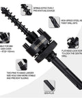 Pro Grade SDS Plus Hole Saw Mandrel Set With Two Arbors And Central Drill Bits Includes Two Hex Wrenches And Two Springs Fits Three Quarter To Six Inch Hole Saws Compatible With Dewalt Bosch Milwaukee Drills Heavy Duty Construction, shown in detailed assembly view with components labeled.