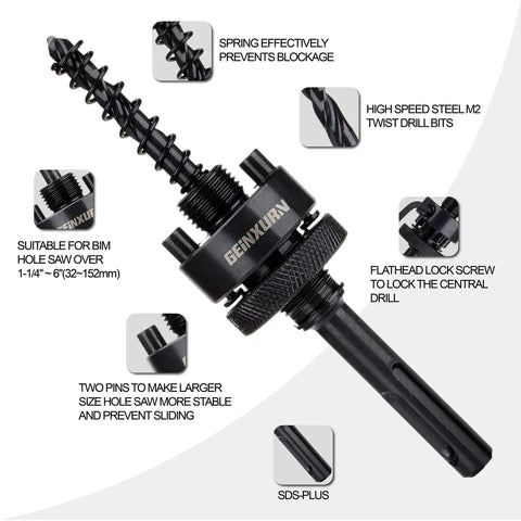 Pro Grade SDS Plus Hole Saw Mandrel Set With Two Arbors And Central Drill Bits Includes Two Hex Wrenches And Two Springs Fits Three Quarter To Six Inch Hole Saws Compatible With Dewalt Bosch Milwaukee Drills Heavy Duty Construction, shown in detailed assembly view with components labeled.