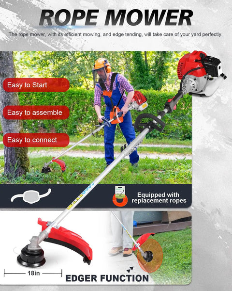 Man using Beast 52cc Gas Weed Wacker Multi Tool with brush cutter attachment in a garden setting, focus on rope mower feature.