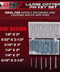 Large Cotter Pin Key 144 Pc Assortment Set 1 Eighth By 2 In To 1 Quarter By 3 In Steel Heavy Duty Locking Automotive Axle Trailer Pins displayed in a case.