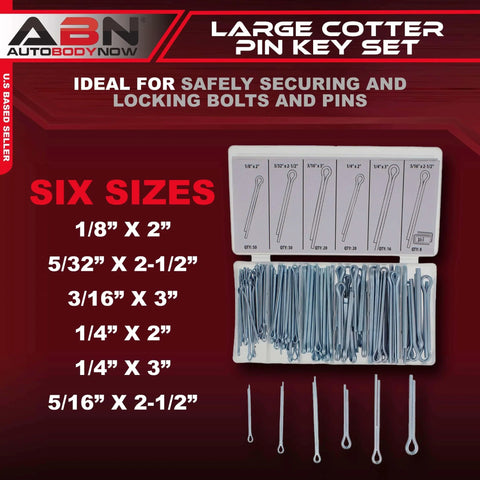 Large Cotter Pin Key 144 Pc Assortment Set 1 Eighth By 2 In To 1 Quarter By 3 In Steel Heavy Duty Locking Automotive Axle Trailer Pins displayed in a case.