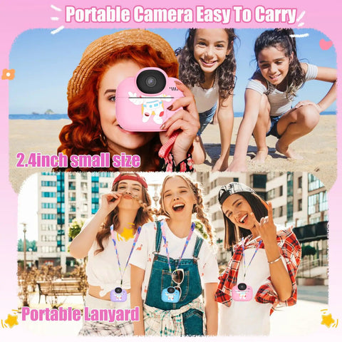 Instant Print Kids Camera For Girls And Grandkids With 1080P HD Video Easy To Use Toy Camera Thermal Printer Includes SD Card Pink Color Perfect Gift For Ages Four Through Ten, pink 2.4-inch camera with lanyard