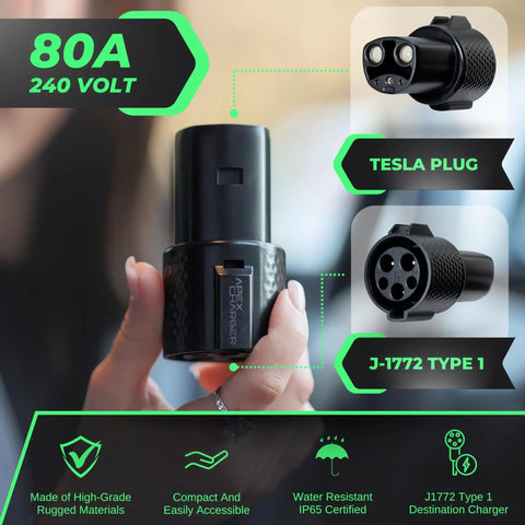 Gotta Love J1772 To Tesla Adapter Rock Solid Level 2 Portable Power Connector showcasing 80A 240V EV charging plug.