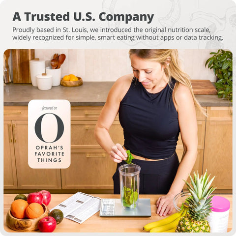 Woman using Meal-Prep Go-To Food Scale With Built-In Nutrition Calculator No App Needed 2000 Preloaded Food Codes in kitchen