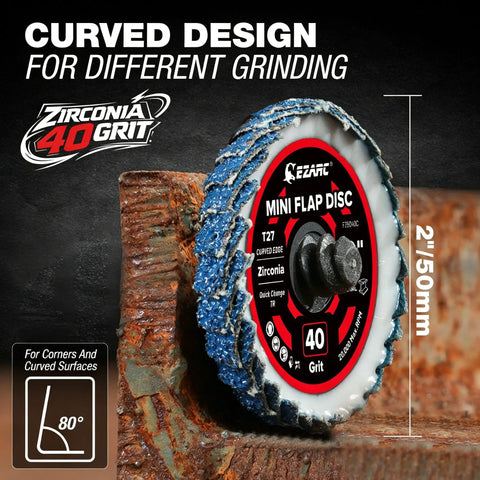 2-inch 40 grit curved zirconia flap disc in use for weld and rust removal, part of the 10 Piece Mixed Flap Disc Set For Die Grinder With 3 Inch Flat And 2 Inch Curved Zirconia Discs, One Quarter Inch Shanks, Holders, 40 Grit Roll Lock Quick Change Wheels For Weld Rust Paint Removal.