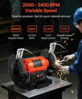 High Octane 8 Inch Variable Speed Bench Grinder Delivering 550 Watt Power And 2000 To 3450 Rpm Range With 36 And 60 Grit Wheels, in action with sparks flying.