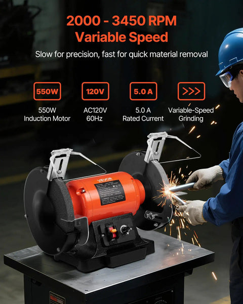 High Octane 8 Inch Variable Speed Bench Grinder Delivering 550 Watt Power And 2000 To 3450 Rpm Range With 36 And 60 Grit Wheels, in action with sparks flying.
