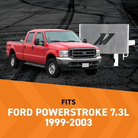 Transmission Cooler For Ford Powerstroke 7.3L 1999-2003 Silver Expanded Core with Ford truck on blacktop background