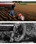 Six Nozzle Hand Push Seeder For DIY Farmers And Garden Pros With Eight Pound Seed Box and Red Roller shown in action