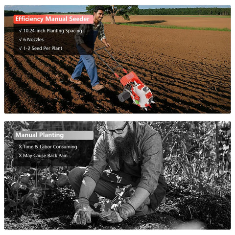 Six Nozzle Hand Push Seeder For DIY Farmers And Garden Pros With Eight Pound Seed Box and Red Roller shown in action