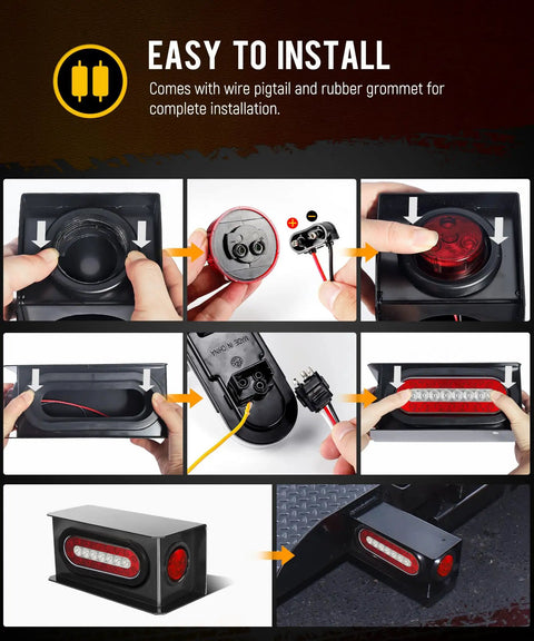 Two Pack Trailer Light Boxes Kit installation showing 6 Inch Oval LED Tail Lights and 2 Inch Red Round Marker Lights setup