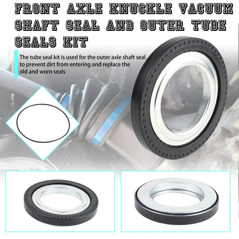 Front axle knuckle vacuum shaft seal and outer tube seals kit; two black seals with metal inner ring for Ford Super Duty