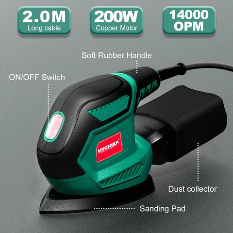 Compact Electric Detail Sander With 14,000 OPM, Includes 12 Sheets Of Sandpaper, Efficient Dust Collection System visible with labels