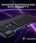 Full Size Mechanical PC Gaming Keyboard With Command Touch Display And Titan Switches For Rapid Macro Setup And Absolutely Lit Zero Lag Clutch Gameplay Ready with customizable settings and blue backlighting.