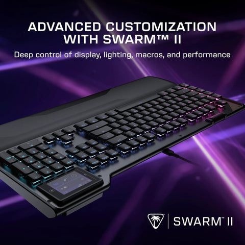 Full Size Mechanical PC Gaming Keyboard With Command Touch Display And Titan Switches For Rapid Macro Setup And Absolutely Lit Zero Lag Clutch Gameplay Ready with customizable settings and blue backlighting.
