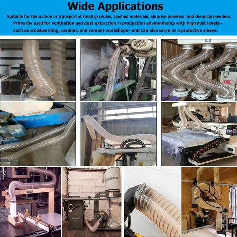 Heavy Duty Shop Grade Vacuum Hose Flexible Dust Collector Pipe Built Tough For Woodworking with applications in various workshops.