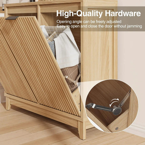 Double Tilt Out Trash Can Cabinet With Odor Control And Built In Outlets Fluted Design Hidden 13 Gallon Bin Storage Modern Kitchen Cabinet With Soft Close Door Laundry Hamper Cabinet For Bathroom, shown with open door and high-quality hardware.