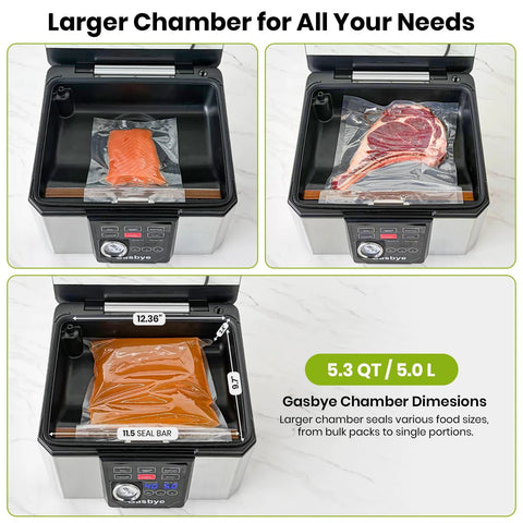 Gasbye chamber vacuum sealer front view; stainless steel body with bagged salmon inside
Gasbye chamber vacuum sealer side view; stainless body with black control panel and meat bag inside
Gasbye chamber vacuum sealer top view with 11.5 inch seal bar and bag inside