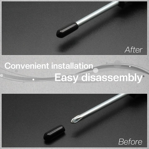 Before and after installation of 60 Pieces 4.5mm Screw Thread Protectors Rubber End Caps For Round Tubes Black Vinyl Tube Caps 15mm Length