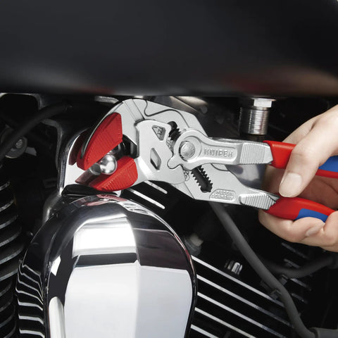 Using 10 Inch Pliers Wrench With Comfort Grip, Adjustable Push Button Jaw on motorcycle engine for mechanical repairs