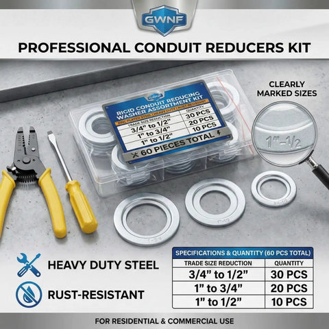 60 Piece Rigid Conduit Reducing Washer Kit Three Quarters To Half Inch One Inch To Three Quarters Inch And One Inch To Half Inch Zinc Plated Steel Knockout Reducers For Electrical Outlet Boxes Must Have Pro Grade Electrical Hardware shown with tools and marked sizes