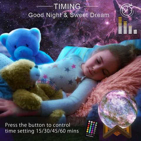 Child asleep with Moon Galaxy Lamp Night Light For Kids With 16 Colors 3D LED Moon With Stand Remote And Touch Control in bedroom.