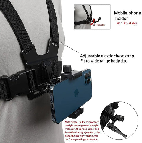 Hands Free POV Filming Kit with chest strap harness and phone holder showing adjustable features for mobile phones and action cameras.