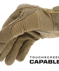 MPact 3 Tactical Work Gloves With Touchscreen Capability And Finger Reinforcement Abrasion Resistant Synthetic Leather Full Hand Impact Protection Durable Men’s Coyote Brown Gloves For On The Job And Field Work showing touchscreen capable fingertip detail.