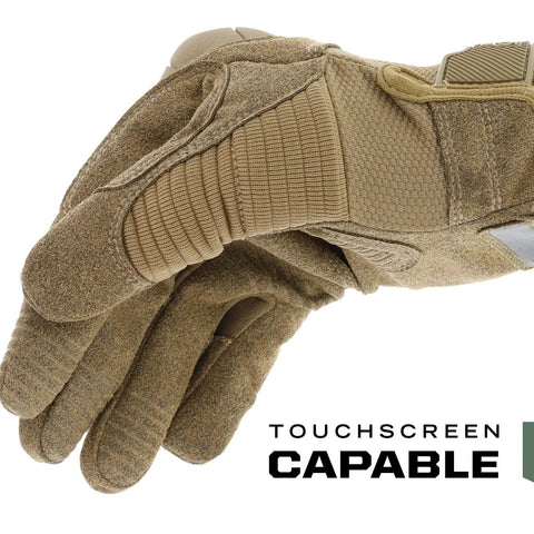 MPact 3 Tactical Work Gloves With Touchscreen Capability And Finger Reinforcement Abrasion Resistant Synthetic Leather Full Hand Impact Protection Durable Men’s Coyote Brown Gloves For On The Job And Field Work showing touchscreen capable fingertip detail.