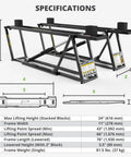 6000TLX Portable Car Lift Bundle with specifications and dimensions displayed in home garage or shop setting