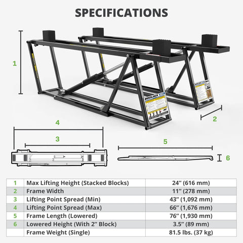 6000TLX Portable Car Lift Bundle with specifications and dimensions displayed in home garage or shop setting