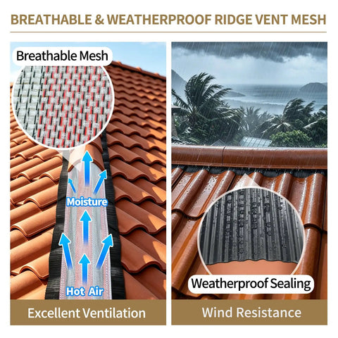 Heavy Duty Self Adhesive Ridge Vent Mesh Roll 12 X 98.4 Inches on tiled roof showing breathable mesh and waterproof sealing.