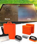 Ultimate Griddle Cleaning Kit For Flat Top Grill 18 Piece Cleaner Set with scraper, pads, bricks in front of before and after cleaned surface