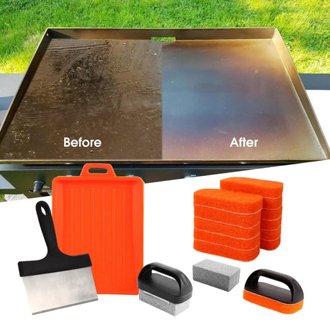 Ultimate Griddle Cleaning Kit For Flat Top Grill 18 Piece Cleaner Set with scraper, pads, bricks in front of before and after cleaned surface