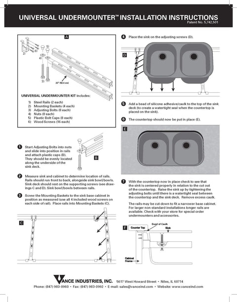 Heavy Duty 23 Inch Universal Undermount Sink Installation Kit All Metal Construction Includes Hardware No Drilling Into Countertop Cabinet Supports Weight Works With All Sink Types Solid Surface And Stone Countertops Compatible Silver installation instructions sheet