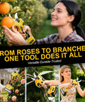 Woman using SundpeyPRO 21V Brushless Electric Pruning Shears Max 2 Inch Cut on orange tree in garden.