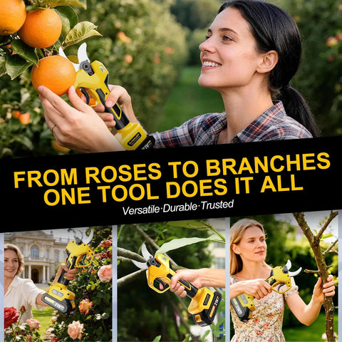 Woman using SundpeyPRO 21V Brushless Electric Pruning Shears Max 2 Inch Cut on orange tree in garden.