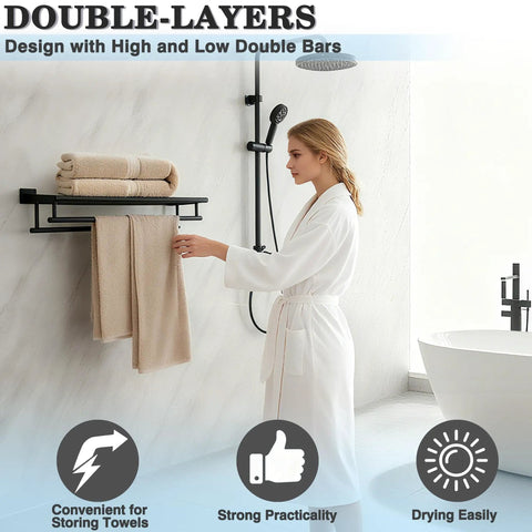 Woman in bathroom using Matte Black 20 Inch Wall Mount Towel Rack With Double Bars And Shelf SUS304 Stainless Steel Bathroom Towel Holder Hanger For Bathroom Walls Rust Resistant And Built To Last.