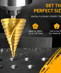 ROGAPER 12-step spiral groove step drill bit in gold, 1/4 to 2-3/8 in HSS steel