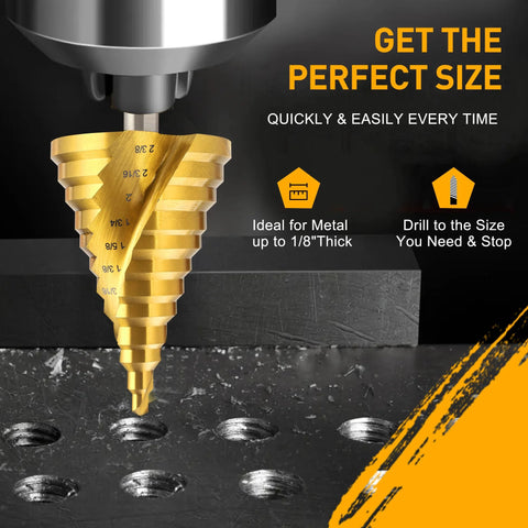 ROGAPER 12-step spiral groove step drill bit in gold, 1/4 to 2-3/8 in HSS steel