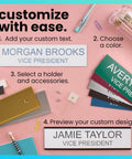 Custom Name Plate for Desk or Door With 14 Color Options 2 by 8 Inches Easy to Personalize shown with color samples and holders.